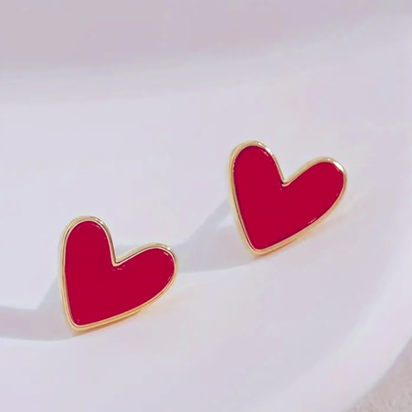 Jewelry - Red and Gold Small Heart Stud Earrings